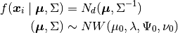 f(\bm{x}_i \mid \bm{\mu},\Sigma) &= N_d(\bm{\mu},\Sigma^{-1}) \\ (\bm{\mu},\Sigma) &\sim NW(\mu_0, \lambda, \Psi_0, \nu_0)