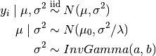 y_i \mid \mu, \sigma^2 &\stackrel{\small\mathrm{iid}}{\sim} N(\mu, \sigma^2) \\ \mu \mid \sigma^2 &\sim N(\mu_0, \sigma^2 / \lambda) \\ \sigma^2 &\sim InvGamma(a, b)