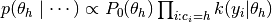 p(\theta_h \mid \cdots ) \propto P_0(\theta_h) \prod_{i: c_i = h} k(y_i | \theta_h)