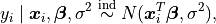 y_i \mid \bm{x}_i, \bm{\beta}, \sigma^2 \stackrel{\small\mathrm{ind}}{\sim} N(\bm{x}_i^T\bm{\beta},\sigma^2),