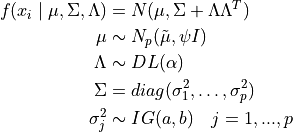 f(x_i \mid \mu, \Sigma, \Lambda) &= N(\mu, \Sigma + \Lambda \Lambda^T) \\ \mu &\sim N_p(\tilde \mu, \psi I) \\ \Lambda &\sim DL(\alpha) \\ \Sigma &= diag(\sigma^2_1, \ldots, \sigma^2_p) \\ \sigma^2_j &\sim IG(a,b) \quad j=1,...,p