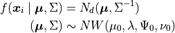f(\bm{x}_i \mid \bm{\mu},\Sigma) &= N_d(\bm{\mu},\Sigma^{-1}) \\ (\bm{\mu},\Sigma) &\sim NW(\mu_0, \lambda, \Psi_0, \nu_0)